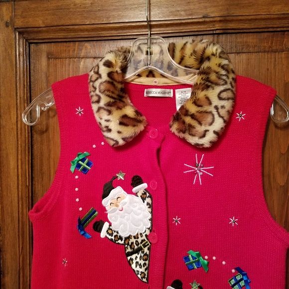Rebecca Malone Sweaters - Ugly Christmas Vest Leopard Collar Santa sz S